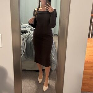 Universal Thread Off-Shoulder Midi Bodycon Dress in Brown